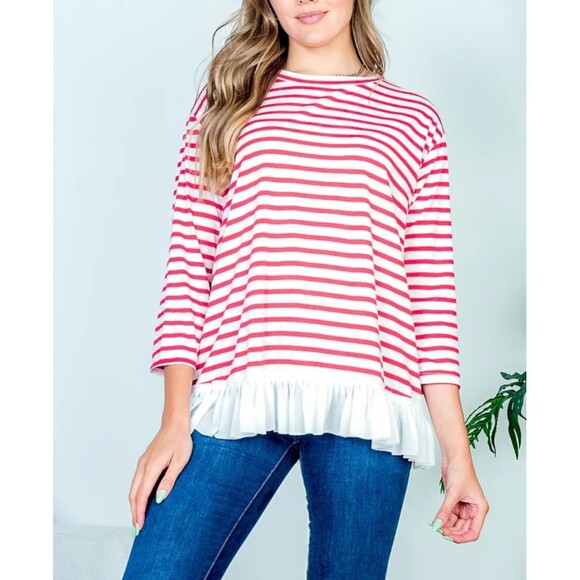 HOPELY Tops - Women’s Boat Neck 3/4 Sleeve Red & White Striped Top Ruffle Hem Size M